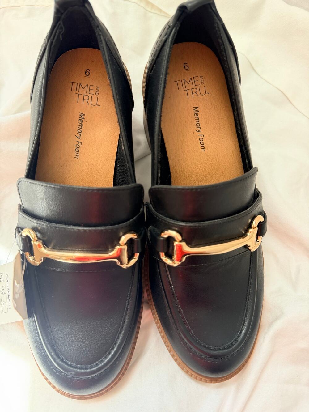 New Time & Tru Black Heeled Loafers with Gold Hardware - Size 6